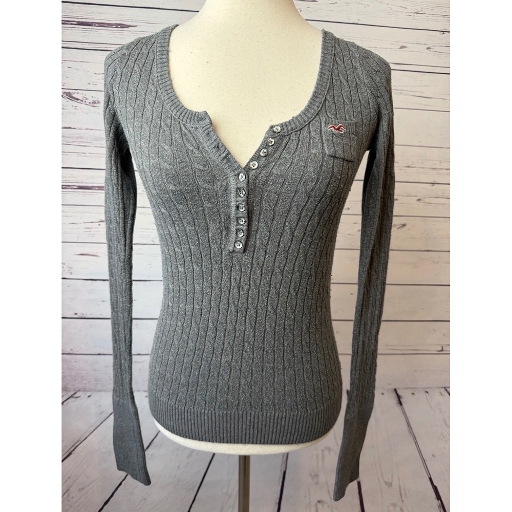 Hollister Grey Cable Knit Henley Sweater Long Sleeve Rabbit Hair Largr BellaSwan